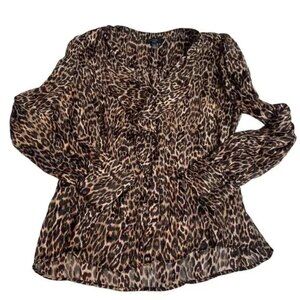 HAVER Leopard Cheetah Print Sheer Ruffle Longsleeve Blouse Top Extra Large XL